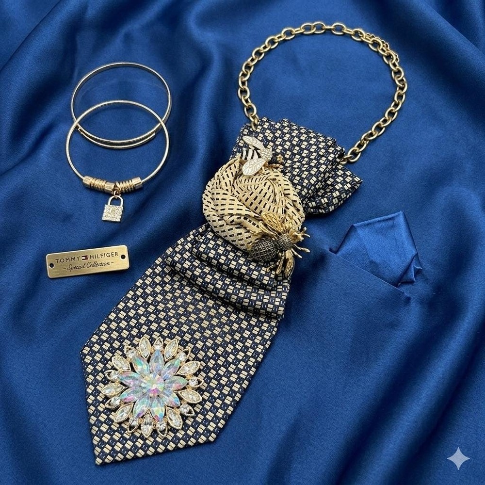 Tommy Hilfiger Repurposed Silk Tie Necklace & Melody Padlock Bangle Jewelry Set
